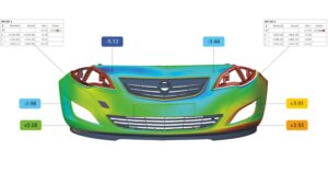 CAD comparison deviation map showing dimensional differences in an automotive component