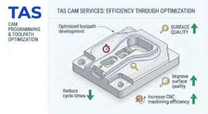 CAM Programming Engineering showing optimized CNC toolpaths for 3-axis, 4-axis, and 5-axis machining operations.