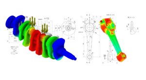 Finite Element Method FEA model of a crankshaft and connecting rod showing fatigue stress distribution