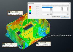 Color deviation map highlighting wear areas on an injection mold compared with CAD data
