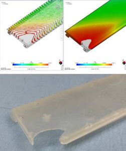 Moldflow fill time simulation contours showing air trap defect compared alongside the actual short shot physical plastic part