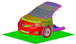 Grid of head impact simulation points modeled on a car hood and windshield for pedestrian safety validation