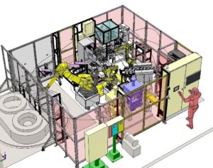 Engineers designing a robotic workcell layout for automated manufacturing