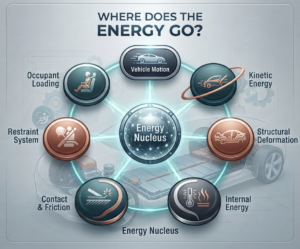 Vehicle crash energy flow from kinetic energy to structural deformation and occupant loading