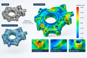 3D scan to CAD deviation color map showing dimensional variations on a mechanical component