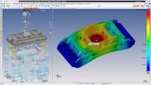 CAE simulation results showing finite element mesh and structural deformation analysis of an engineering component