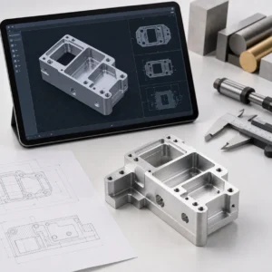 CMM contact probe measuring a precision-machined aluminum component