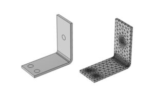 FEA mesh quality on complex CAD geometry showing dense finite elements around small fillets and holes