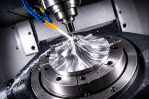Simultaneous 5-axis CNC milling of a complex impeller with curved blades